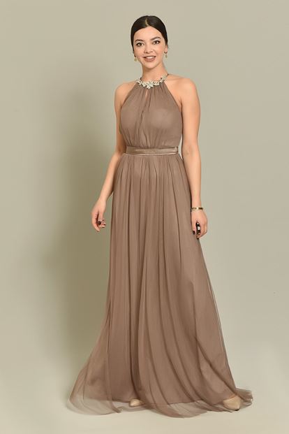 Beige stone processing tulle evening dress