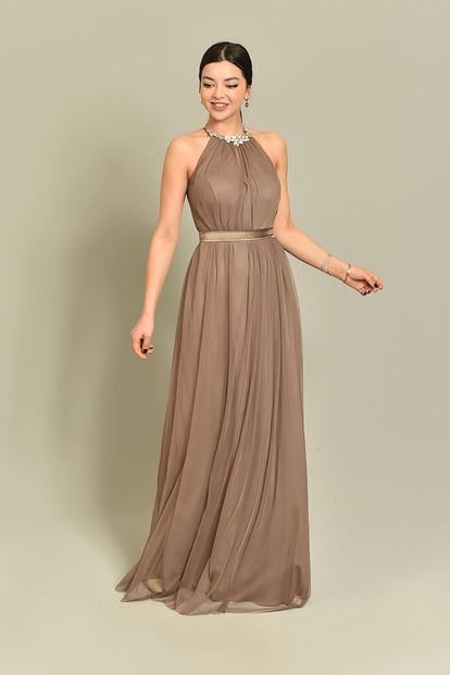 Beige stone processing tulle evening dress