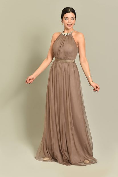Beige stone processing tulle evening dress