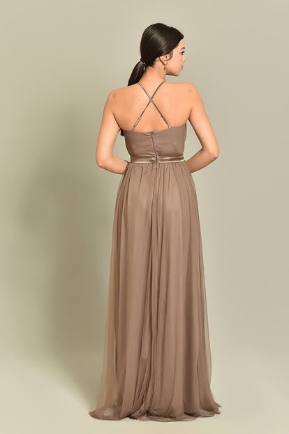 Beige stone processing tulle evening dress