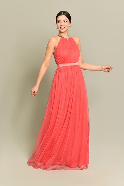 Pomegranate Flower Stone Processing Tulle Evening Dress
