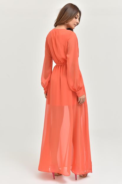 Turuncu Uzun Şifon Elbise