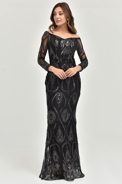 Black Gold Pula Boat Neck Sequin Embroidered Evening Elbistan
