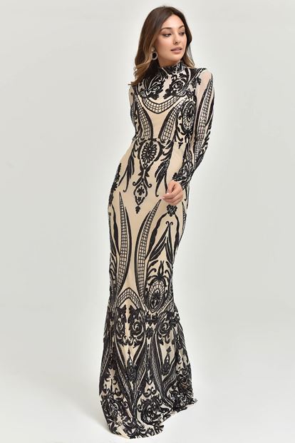 FM Krem Bogazli Pul Payet Islemeli Abiye Elbise