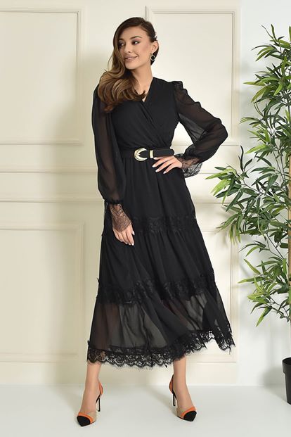 Black skirt tip tulle arched chiffon dress