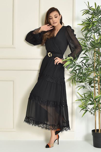 Black skirt tip tulle arched chiffon dress