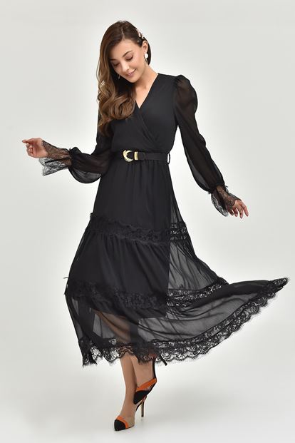 Black skirt tip tulle arched chiffon dress