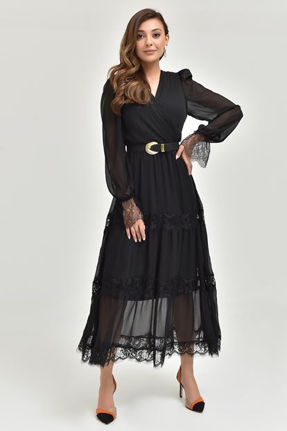 Black skirt tip tulle arched chiffon dress