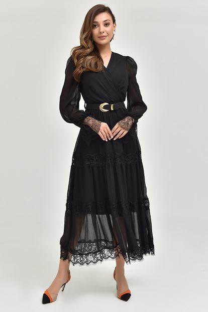 Black skirt tip tulle arched chiffon dress