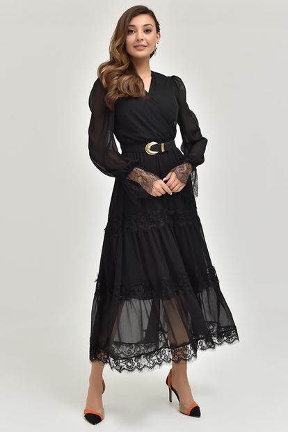 Black skirt tip tulle arched chiffon dress