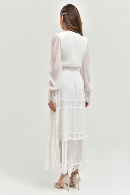 Beyaz Etek Ucu Tül Kemerli Şifon Elbise