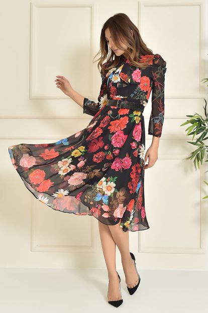Black Floral Patterned Chiffon Dress Length Midi