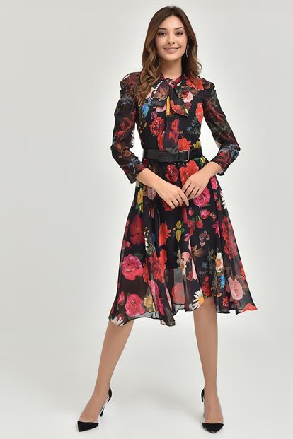 Black Floral Patterned Chiffon Dress Length Midi