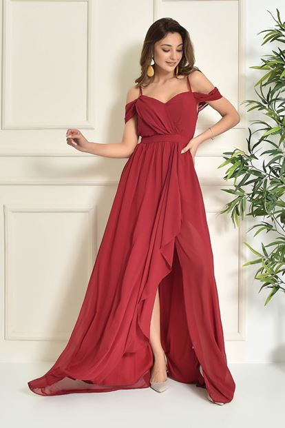 Burgundy Rope Hanger Chiffon Evening Dress