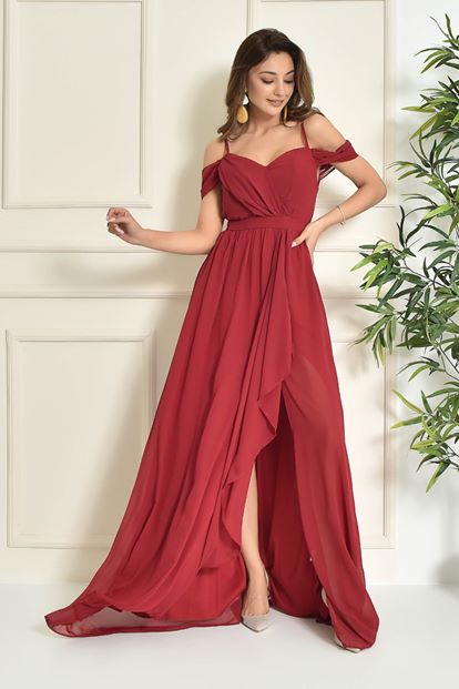 Burgundy Rope Hanger Chiffon Evening Dress