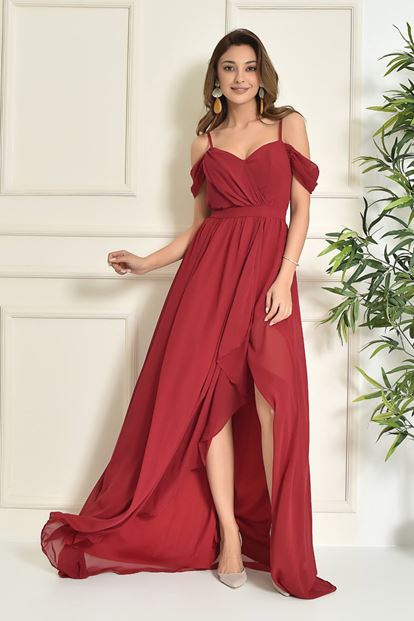 Burgundy Rope Hanger Chiffon Evening Dress