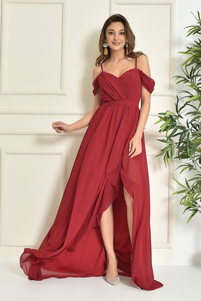 Burgundy Rope Hanger Chiffon Evening Dress