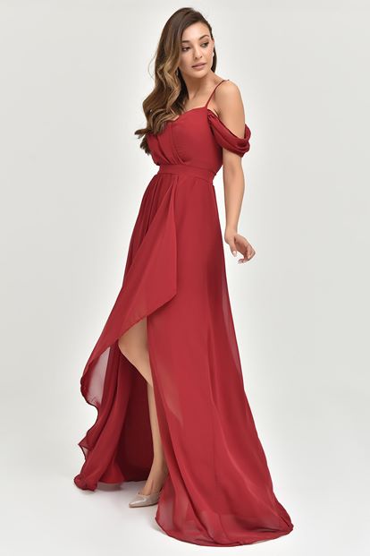 Burgundy Rope Hanger Chiffon Evening Dress