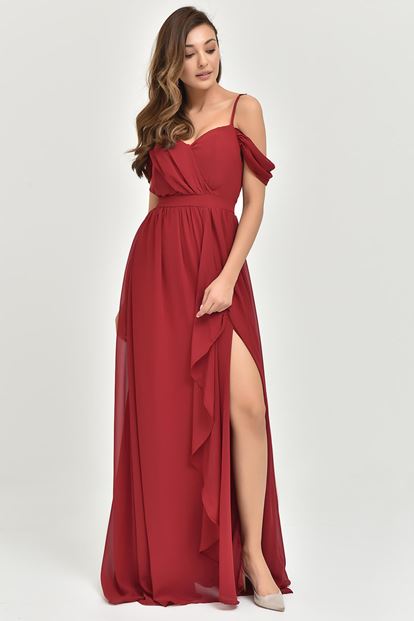 Burgundy Rope Hanger Chiffon Evening Dress