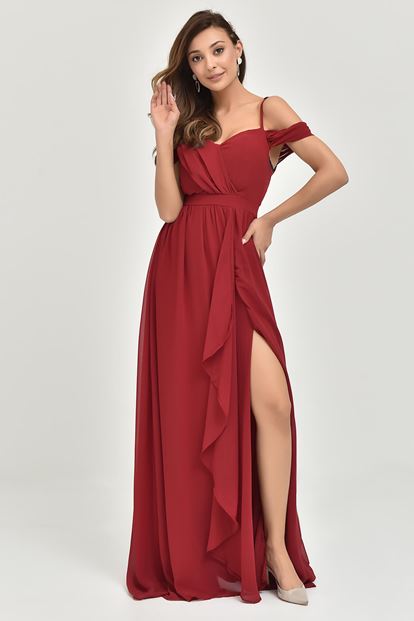 Burgundy Rope Hanger Chiffon Evening Dress