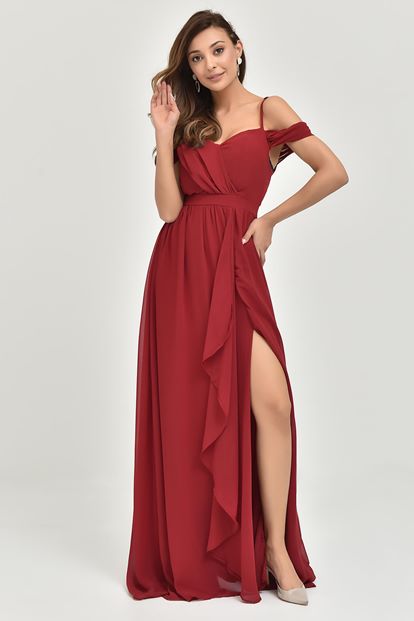 Burgundy Rope Hanger Chiffon Evening Dress