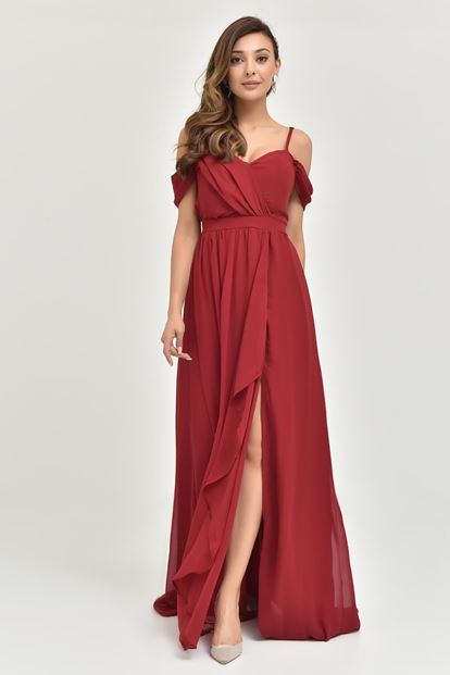 Burgundy Rope Hanger Chiffon Evening Dress