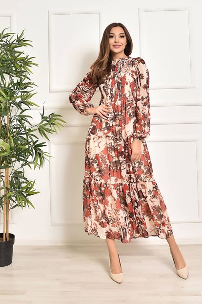 Krem Çiçek Desenli Uzun Şifon Elbise