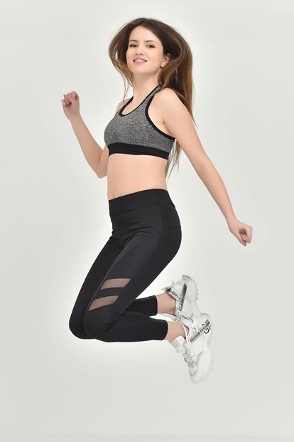Siyah Tül Detayli Spor Tayt