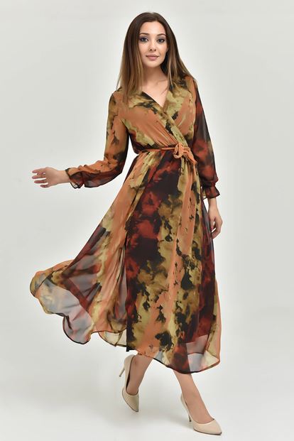 Brown Patterned Chiffon Dress Length Midi