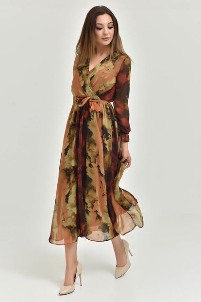 Brown Patterned Chiffon Dress Length Midi