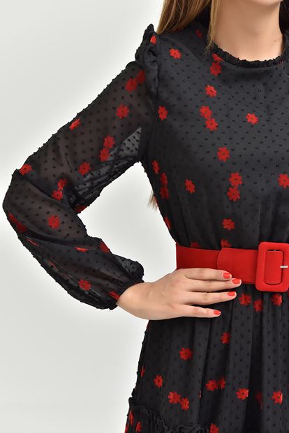 Siyah Kırmızı Puantiyeli Kemerli Şifon Elbise