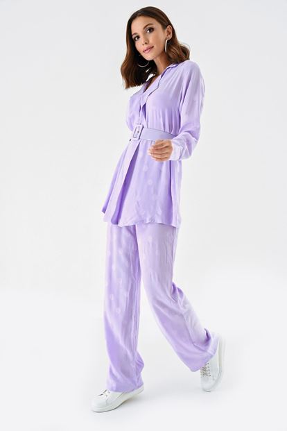 Lila Kemerli Bluz Pantolon Takım