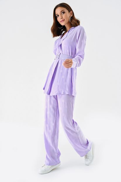 Lila Kemerli Bluz Pantolon Takım