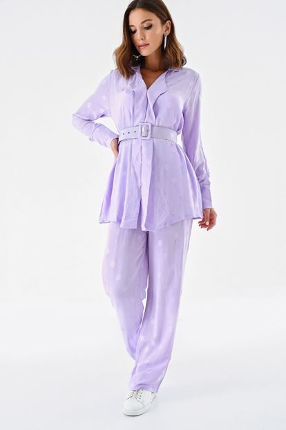 Lila Kemerli Bluz Pantolon Takım
