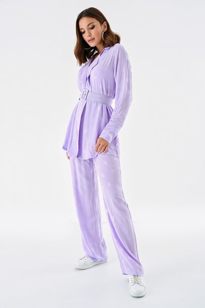 Lila Kemerli Bluz Pantolon Takım