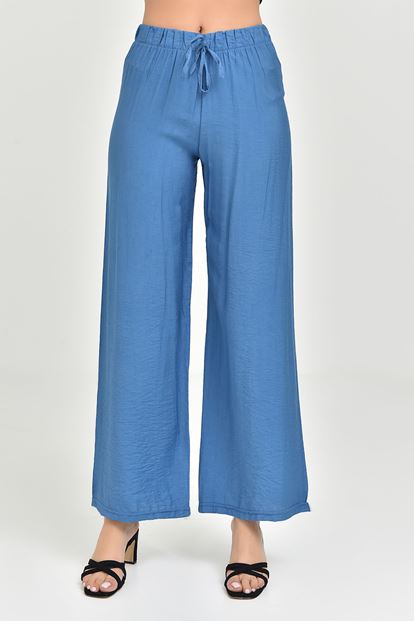 Mavi Bol Paça Keten Pantolon