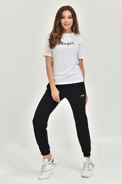 Siyah Angel Baskılı Örme Eşofman Takımı