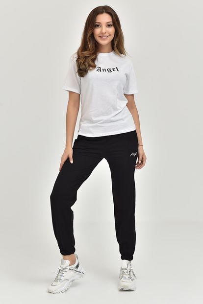 Siyah Angel Baskılı Örme Eşofman Takımı