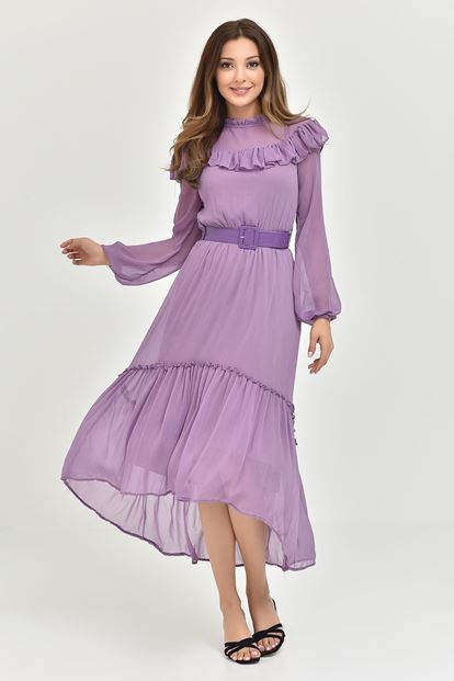 Lila Kemerli Şifon Elbise