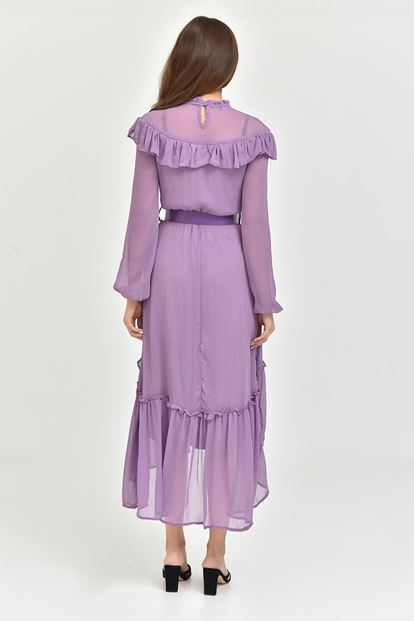 Lila Kemerli Şifon Elbise
