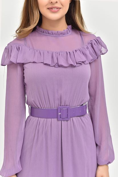 Lila Kemerli Şifon Elbise