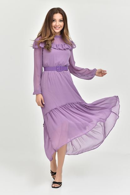Lila Kemerli Şifon Elbise