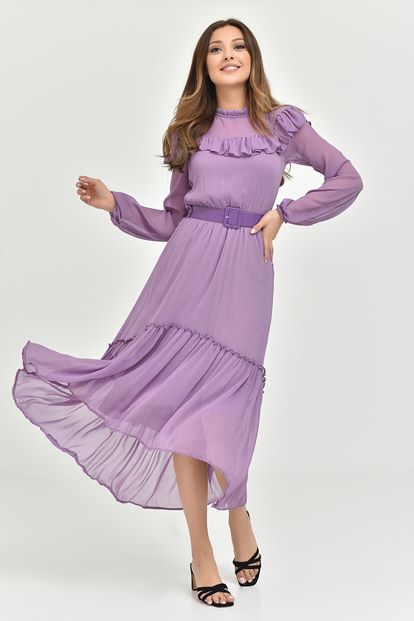 Lila Kemerli Şifon Elbise