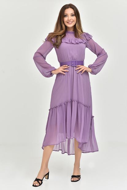 Lila Kemerli Şifon Elbise