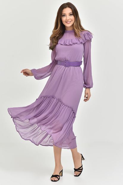 Lila Kemerli Şifon Elbise