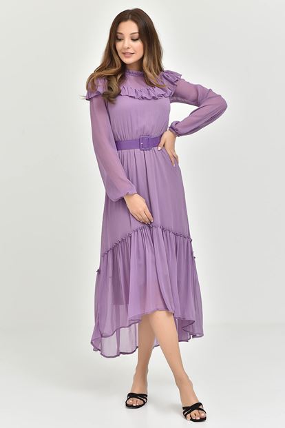 Lila Kemerli Şifon Elbise