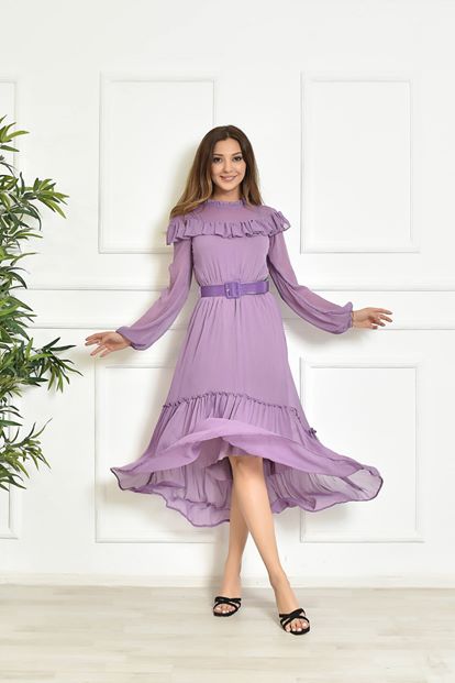 Lila Kemerli Şifon Elbise