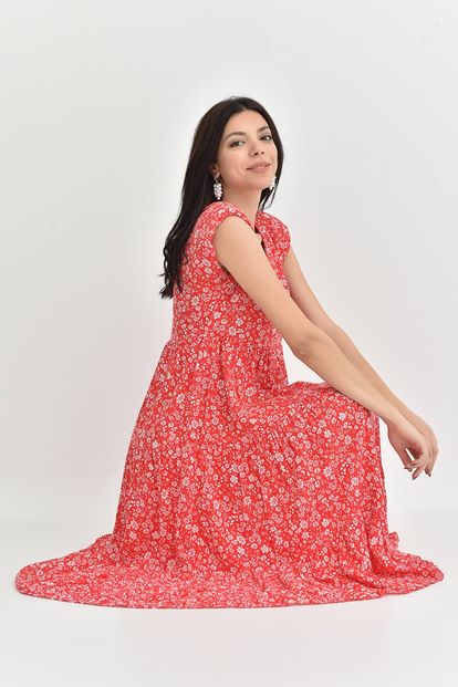 Kırmızı Çiçek Desenli Vatkalı Elbise