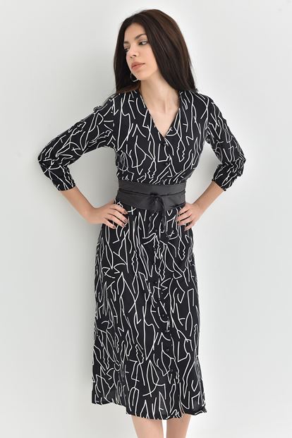 Siyah Kemerli Midi Boy Gömlek Elbise