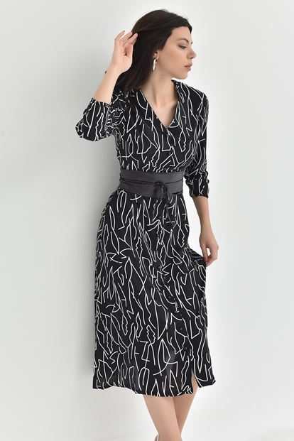 Siyah Kemerli Midi Boy Gömlek Elbise